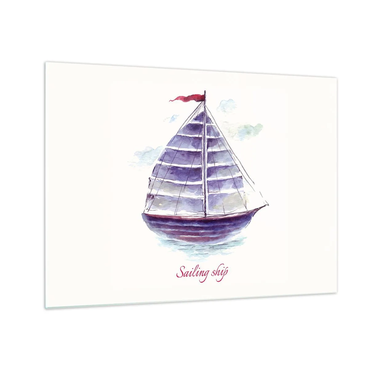 Cuadro sobre vidrio - Impresiones sobre Vidrio - Barco de vela de acuarela con la inscripción Velero - 70x50cm - Velas izadas y aguas tranquilas - Decoración de pared moderna para salón y dormitorio ARTTOR