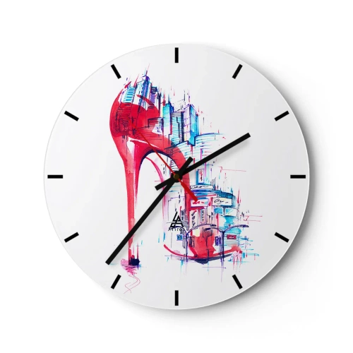 Reloj de pared - Reloj de vidrio - Un tacón de aguja rojo con el horizonte de la ciudad como telón de fondo. - 30x30cm - Elegancia metropolitana - Decoración de pared moderna para salón, cocina y dormitorio ARTTOR