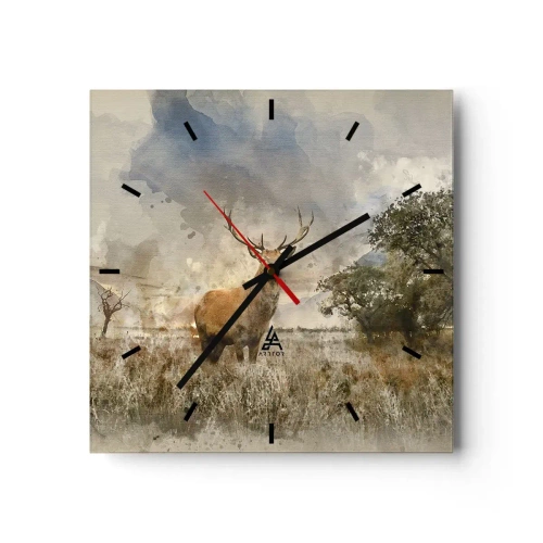 Reloj de pared - Reloj de vidrio - Un ciervo en un entorno natural en estilo acuarela. - 30x30cm - Dignidad - fuerza - encanto - Decoración de pared moderna para salón y dormitorio ARTTOR