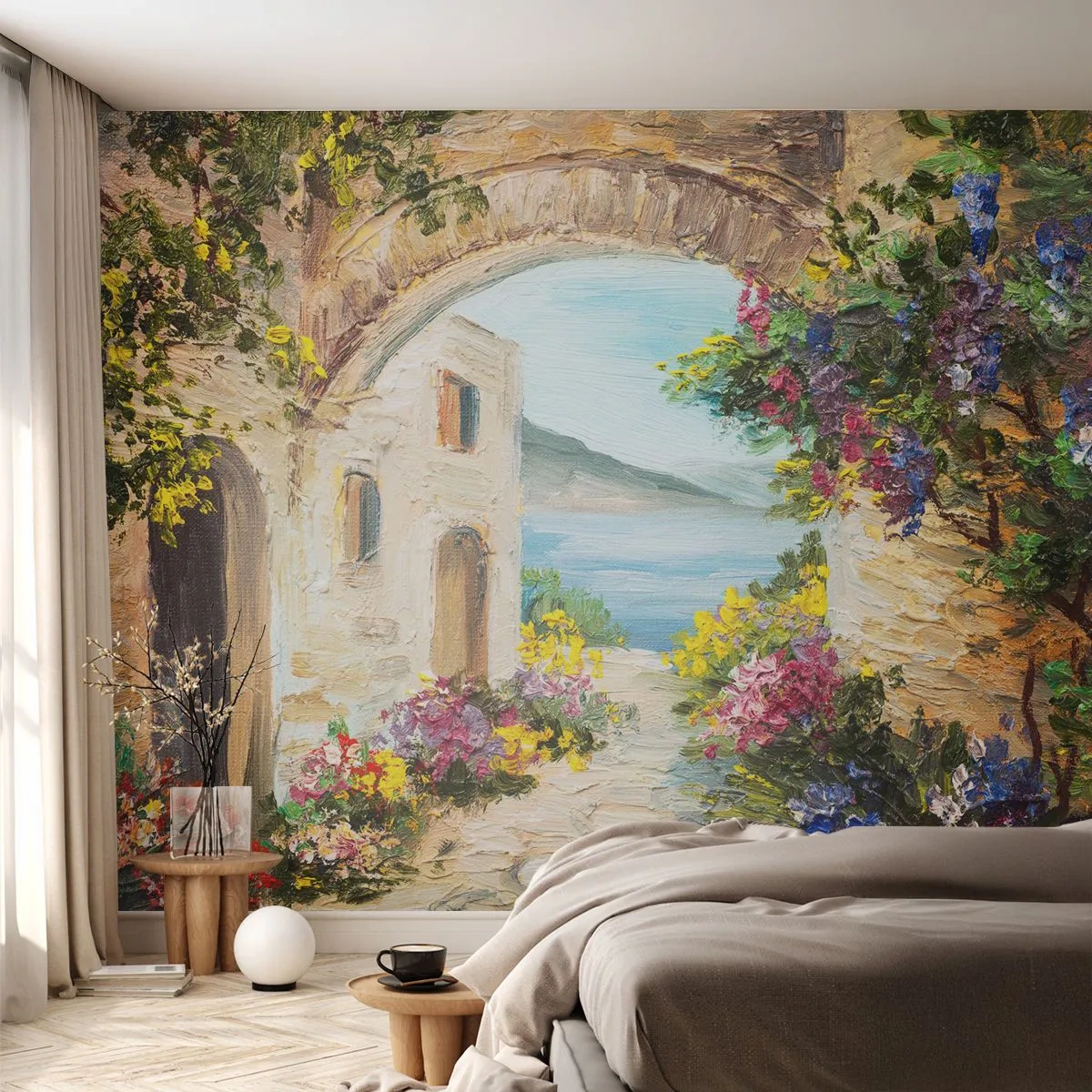 Fotomural Premium Canvas - El encanto del paisaje costero - Arquitectura, Grecia, flores - 350x256 cm