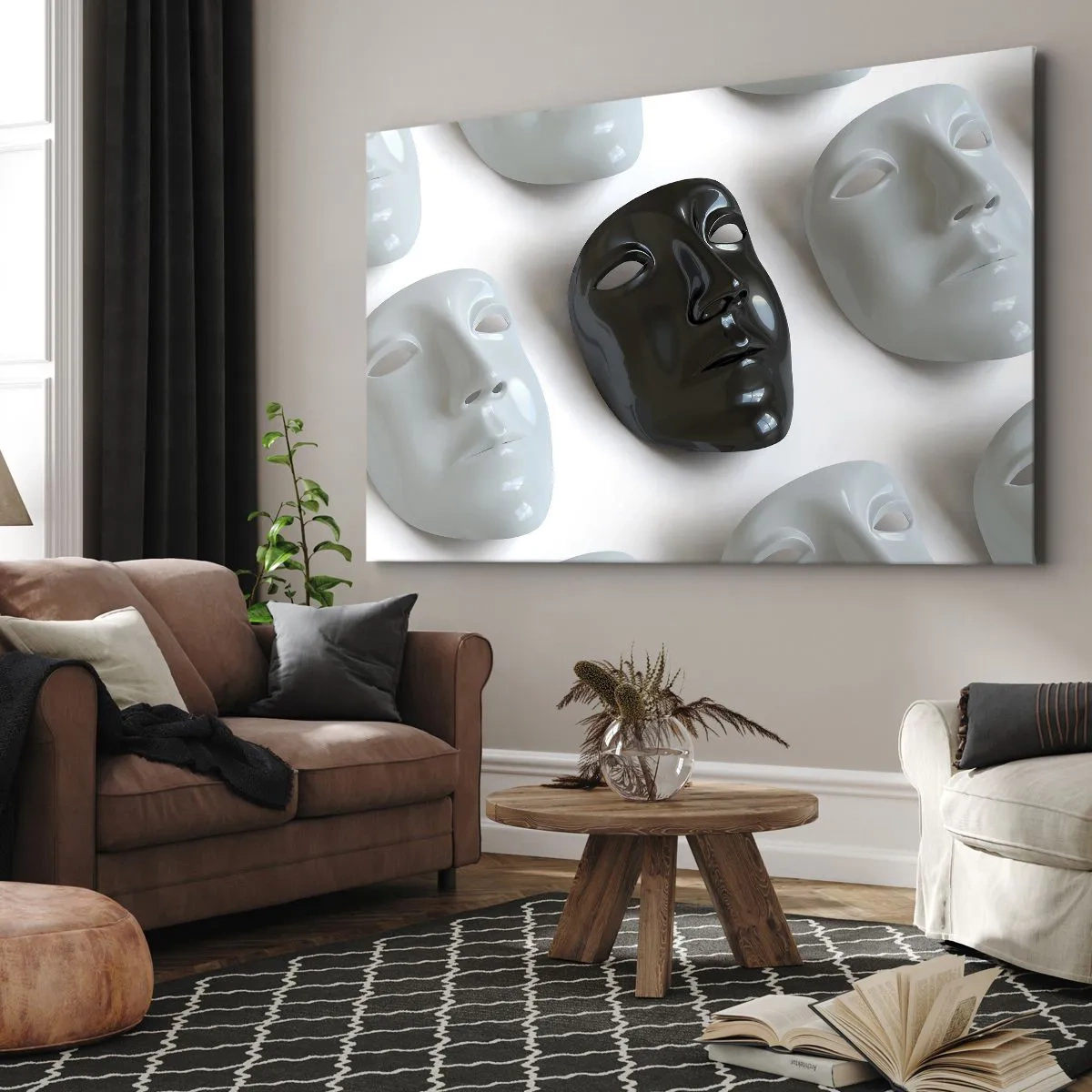 Cuadro sobre lienzo - Impresión de Imagen - Máscaras en blanco y negro sobre un fondo claro - 100x70cm - ¿Cómo destacar? - Decoración de pared moderna para salón y dormitorio ARTTOR