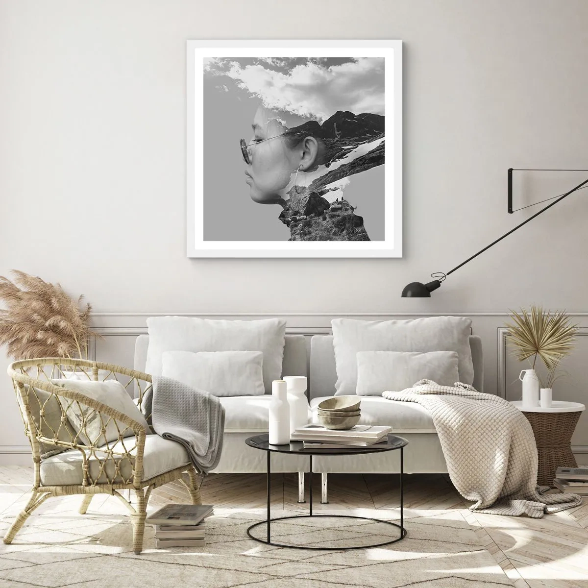 Póster en marco blanco - Retrato sobre montañas y nubes - 50x50 cm