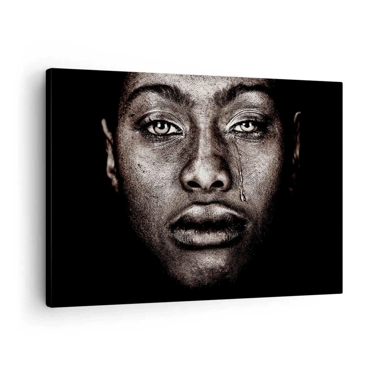 Cuadro sobre lienzo - Impresión de Imagen - Retrato de un rostro con una sola lágrima sobre un fondo negro - 70x50cm - Una lágrima - Decoración de pared moderna para salón y dormitorio ARTTOR