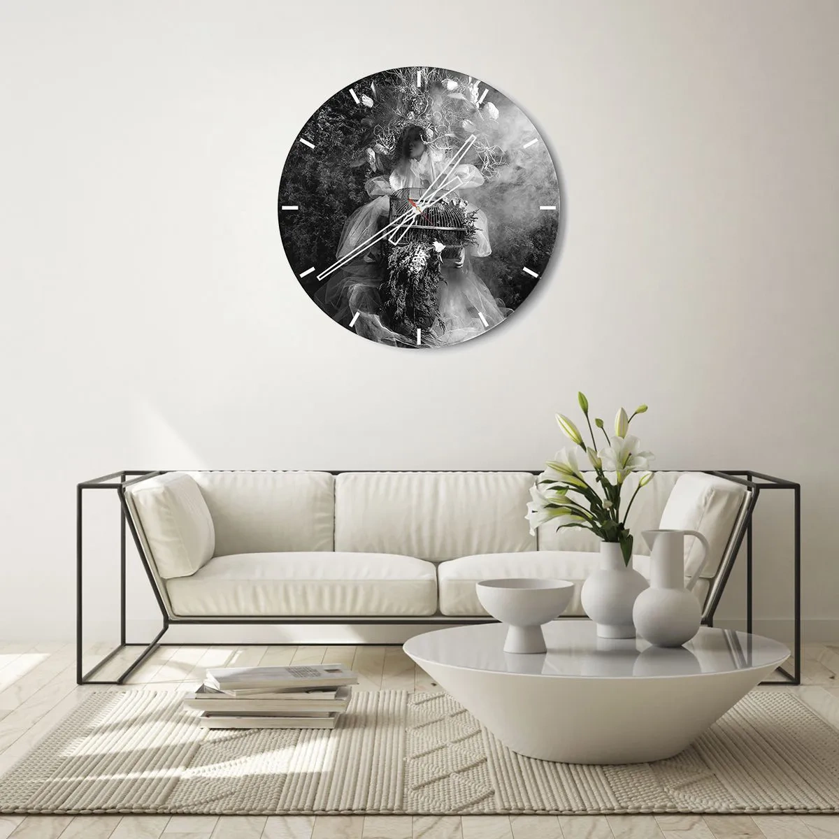 Reloj de pared - Reloj de vidrio - Figura artística con jaula y composición floral en el humo. - 30x30cm - La madre misma - La naturaleza - Decoración de pared moderna para salón, cocina y dormitorio ARTTOR