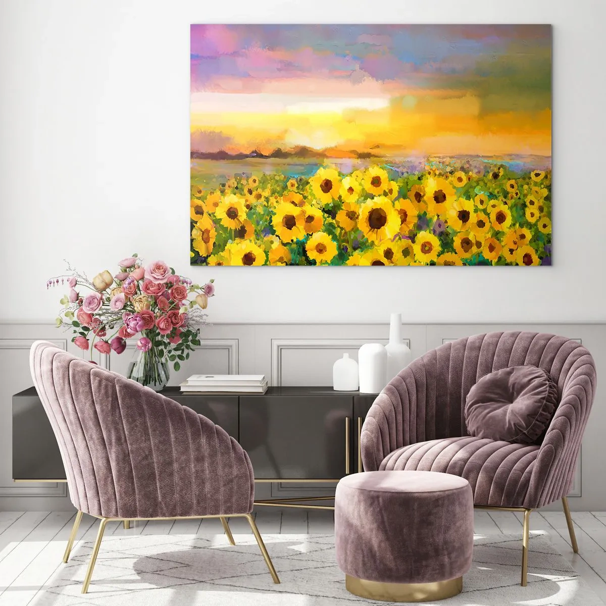 Cuadro sobre vidrio - Impresiones sobre Vidrio - Un campo de girasoles a la luz del sol poniente. - 70x50cm - El propio sol ha bajado a la Tierra - Decoración de pared moderna para salón y dormitorio ARTTOR