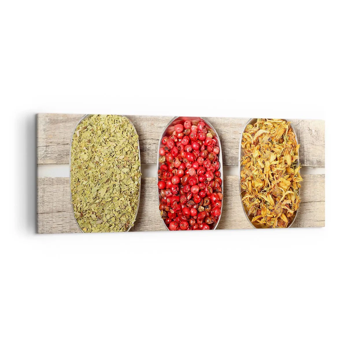 Cuadro sobre lienzo - Impresión de Imagen - Tres cucharas de metal con especias sobre un fondo de madera. - 140x50cm - La magia de la cocina - Decoración de pared moderna para salón y dormitorio ARTTOR