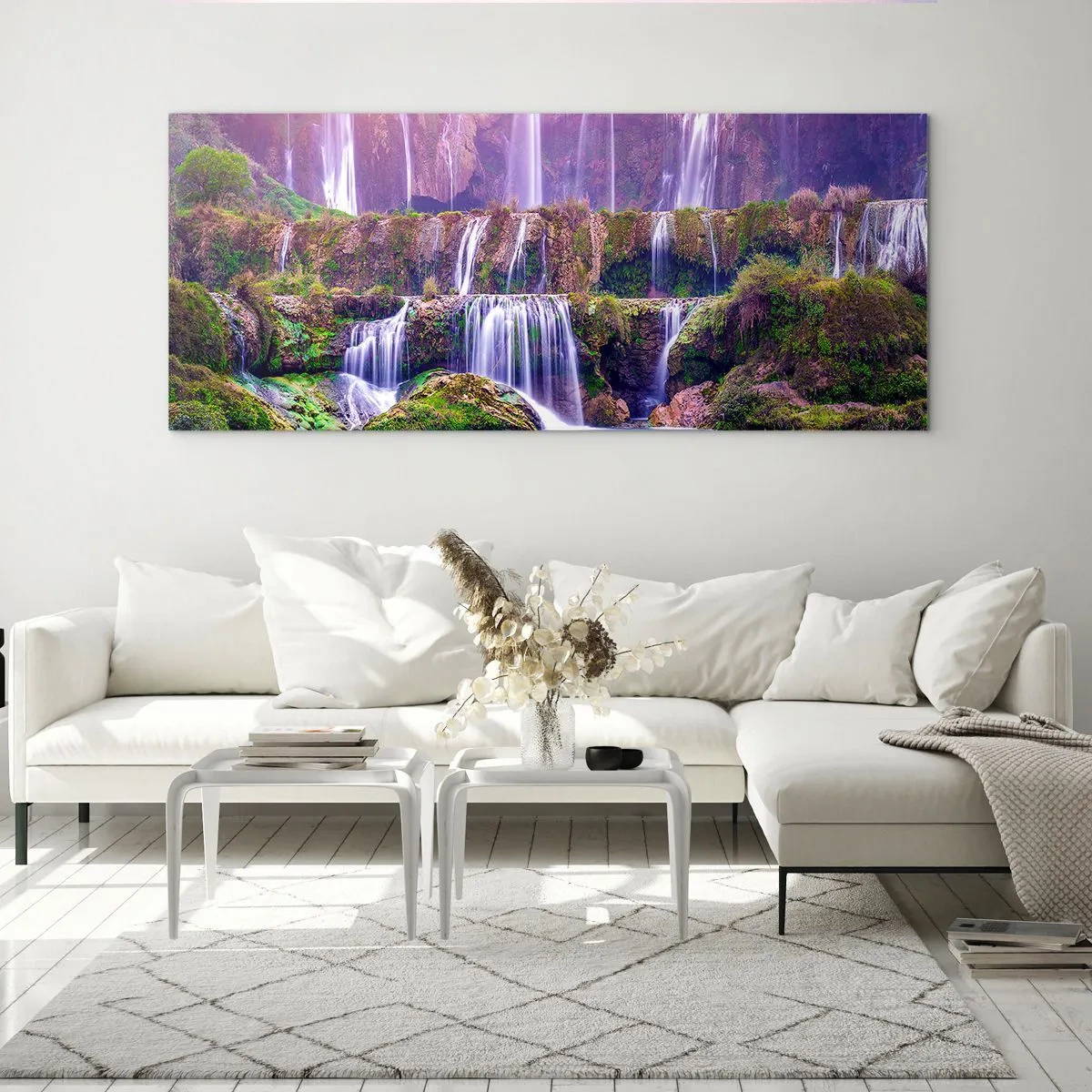 Cuadro sobre vidrio - Impresiones sobre Vidrio - Cascadas rodeadas de vegetación con iluminación pastel. - 120x50cm - Escalera al cielo - Decoración de pared moderna para salón y dormitorio ARTTOR