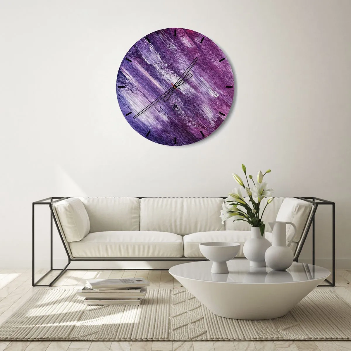 Reloj de pared - Reloj de vidrio - Pinceladas abstractas en tonos morados y rosas - 30x30cm - Cuando sopla el viento del sol - Decoración de pared moderna para salón, cocina y dormitorio ARTTOR