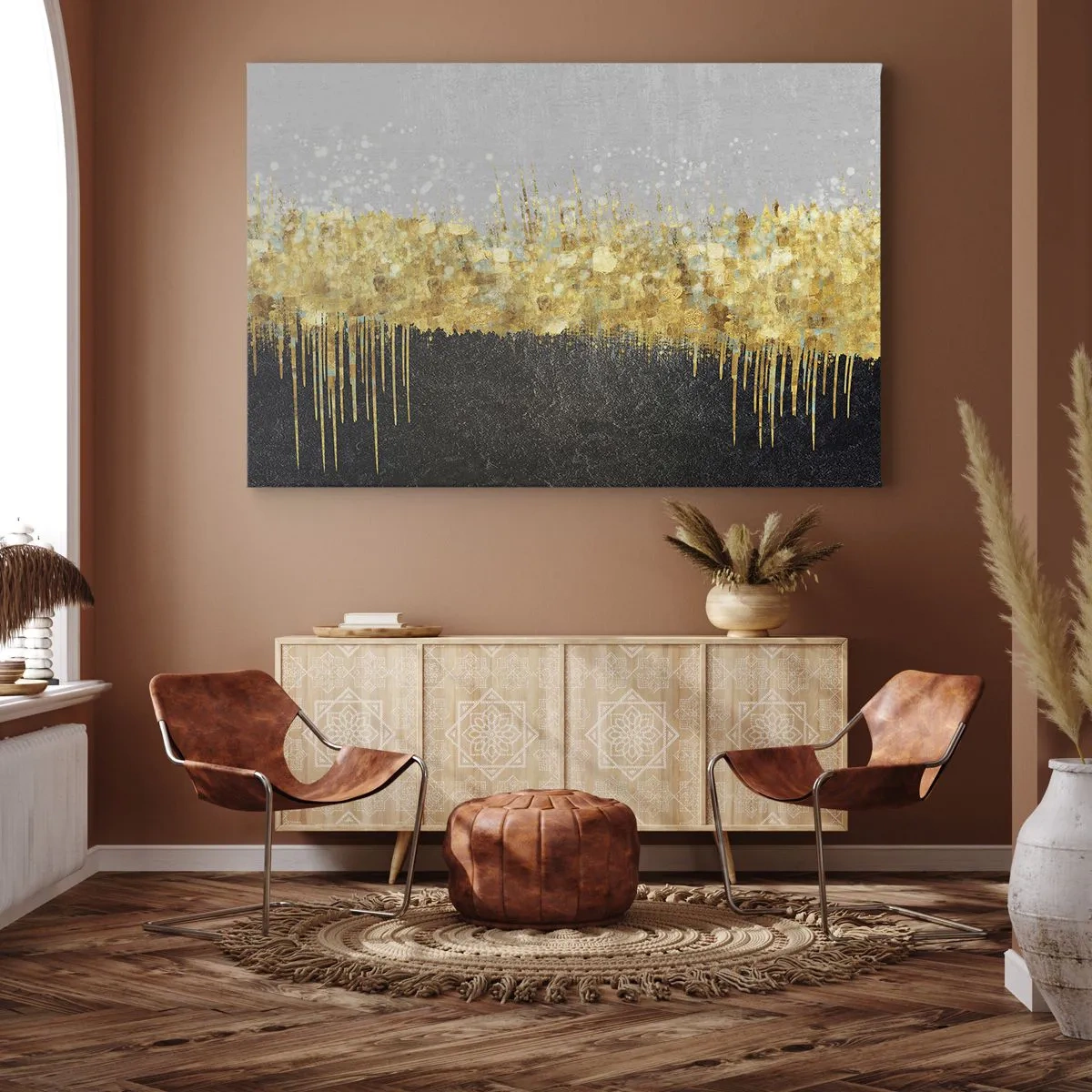Cuadro sobre lienzo - Impresión de Imagen - Composición abstracta en tonos dorados y negros. - 70x50cm - Hacia arriba y hacia abajo - Decoración de pared moderna para salón y dormitorio ARTTOR