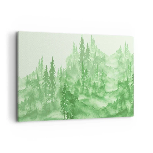 Cuadro sobre lienzo - Impresión de Imagen - Bosque verde en estilo acuarela sobre un fondo claro - 120x80cm - Difuminado con niebla verde - Decoración de pared moderna para salón y dormitorio ARTTOR
