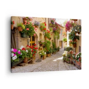 Cuadro sobre lienzo - Impresión de Imagen - Una calle con flores en macetas y muros de piedra. - 70x50cm - En un torrente de flores - Decoración de pared moderna para salón y dormitorio ARTTOR