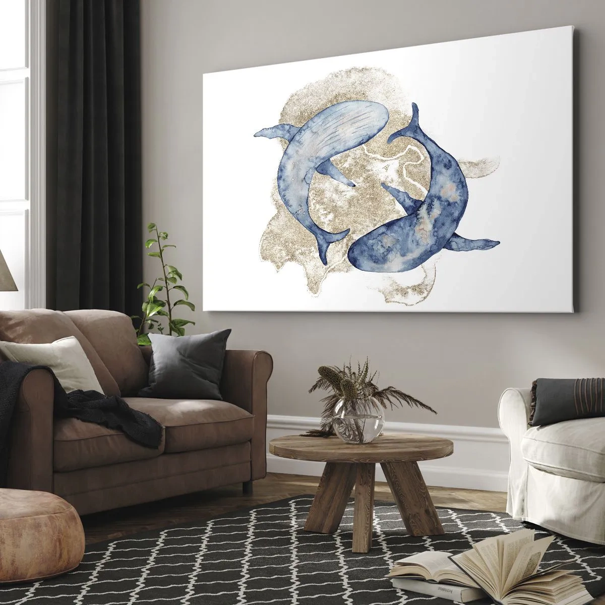 Cuadro sobre lienzo - Impresión de Imagen - Ballenas azules abstractas sobre un fondo claro - 100x70cm - ¿Amistad o amor? - Decoración de pared moderna para salón y dormitorio ARTTOR