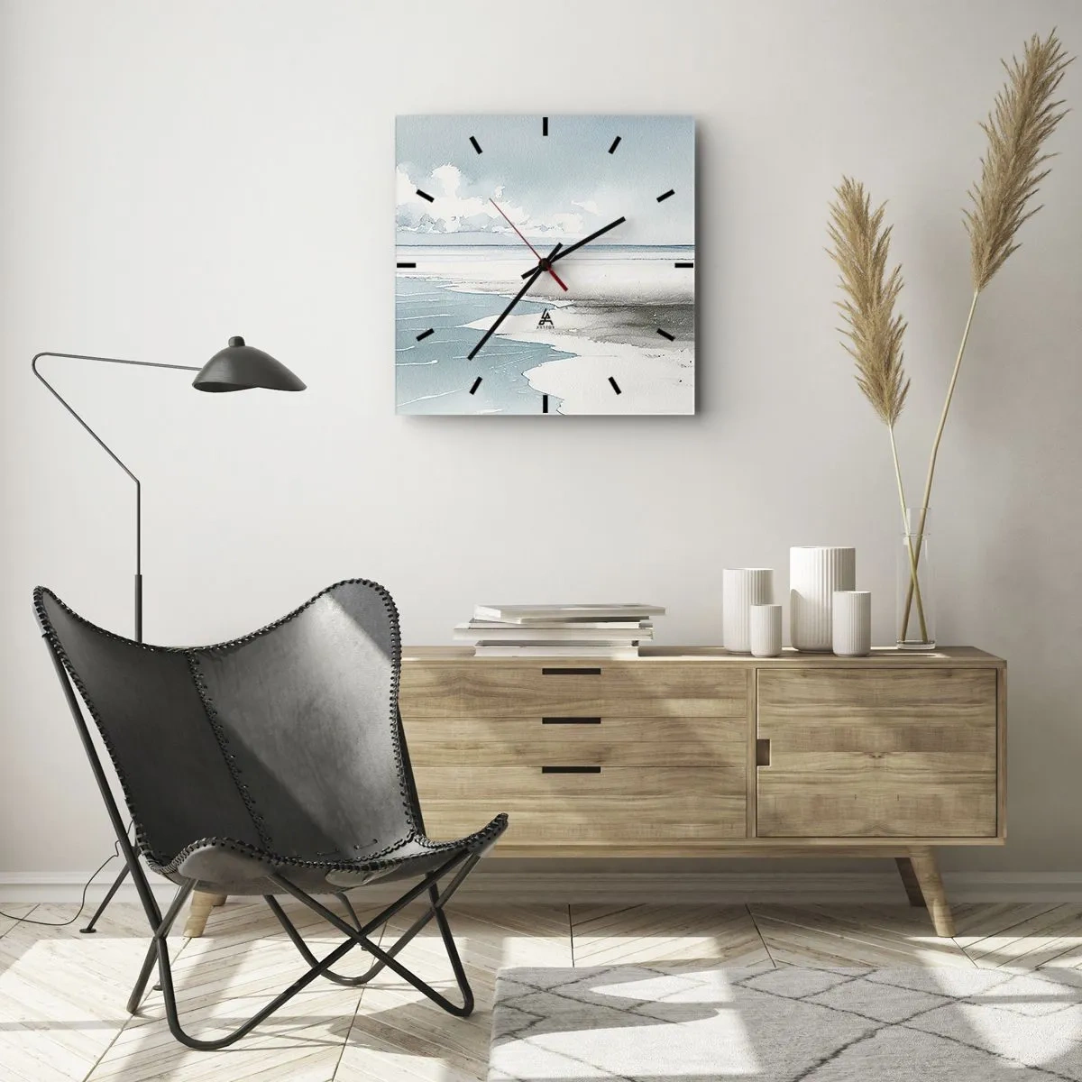 Reloj de pared - Reloj de vidrio - Un mar tranquilo y una playa en tonos claros de azul. - 30x30cm - Suave marea otoñal - Decoración de pared moderna para salón y dormitorio ARTTOR