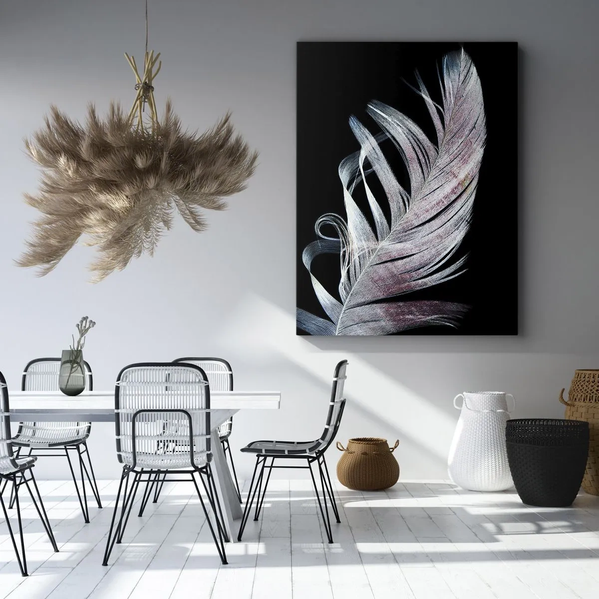 Cuadro sobre lienzo - Impresión de Imagen - Una delicada pluma sobre un fondo negro en un enfoque artístico. - 50x70cm - Piensa en el tacto - Decoración de pared moderna para salón y dormitorio ARTTOR