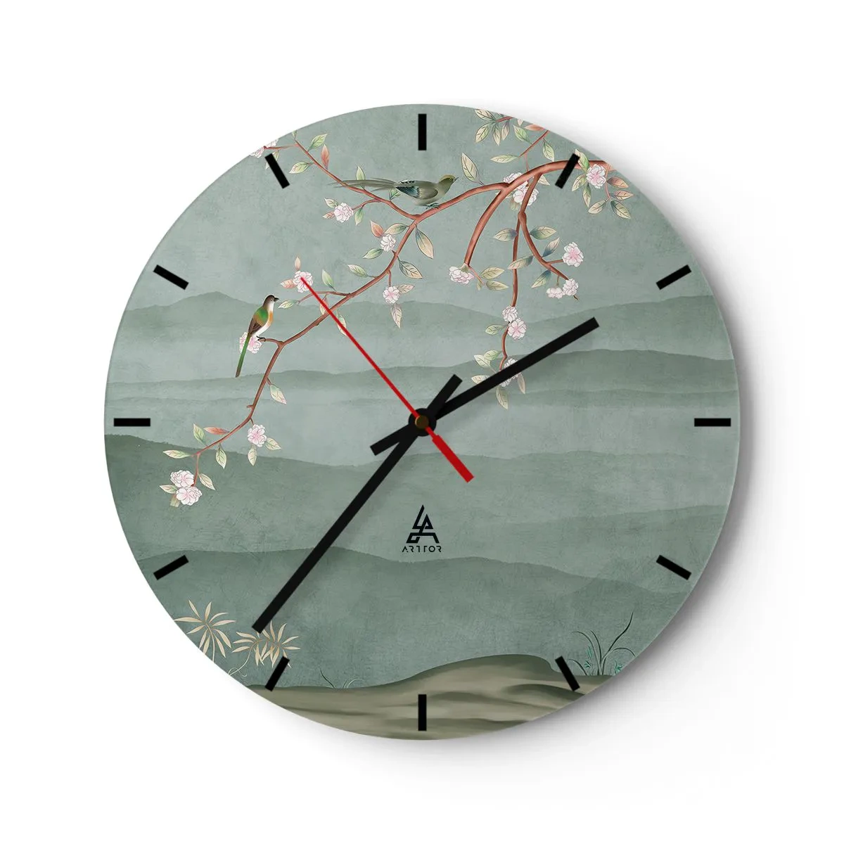 Reloj de pared - Reloj de vidrio - Una rama con flores y pájaros sobre un fondo de colinas verdes. - 30x30cm - Primavera, ah, eres tú - Decoración de pared moderna para salón, cocina y dormitorio ARTTOR