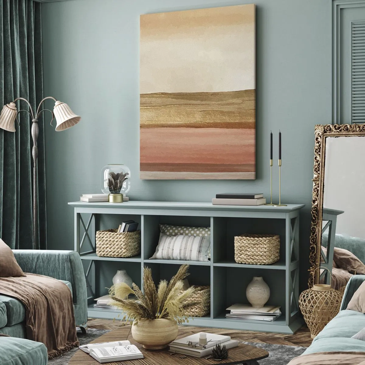 Cuadro sobre lienzo - Impresión de Imagen - Rayas abstractas en tonos beige, dorado y rosa sobre lienzo. - 50x70cm - Composición vertical - Decoración de pared moderna para salón y dormitorio ARTTOR