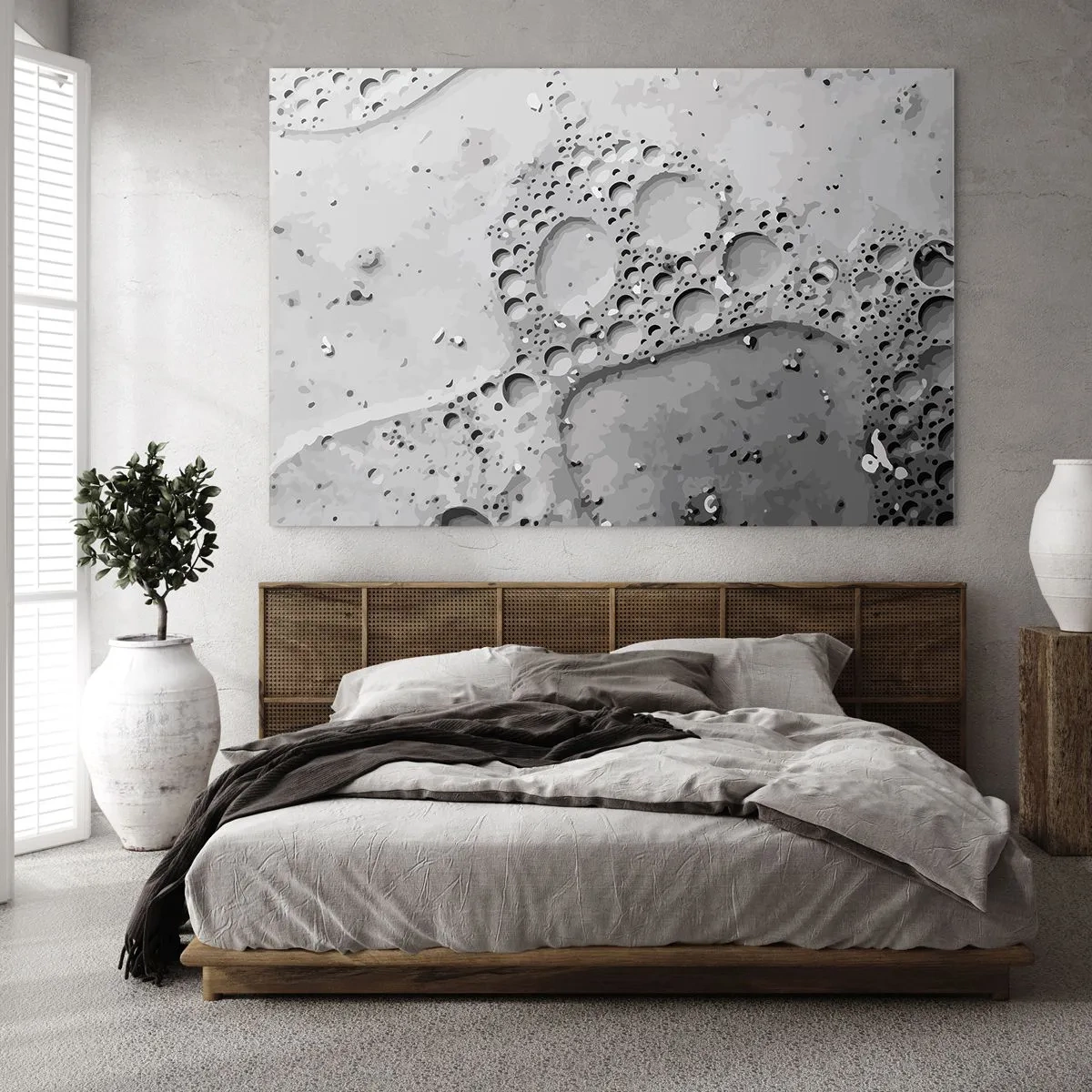 Cuadro sobre vidrio - Impresiones sobre Vidrio - Patrón abstracto de burbujas en la superficie en tonos de gris. - 120x80cm - Rastro espumoso - Decoración de pared moderna para salón y dormitorio ARTTOR