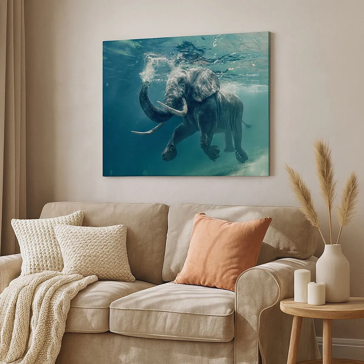 Cuadro sobre lienzo - Impresión de Imagen - Un elefante nadando bajo el agua en las profundidades turquesas. - 70x50cm - A todos nos gusta nadar - Decoración de pared moderna para salón y dormitorio ARTTOR