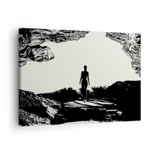 Cuadro sobre lienzo - Impresión de Imagen - Silueta en blanco y negro de una mujer en una cueva contra el cielo - 70x50cm - Una nueva mirada - Decoración de pared moderna para salón y dormitorio ARTTOR