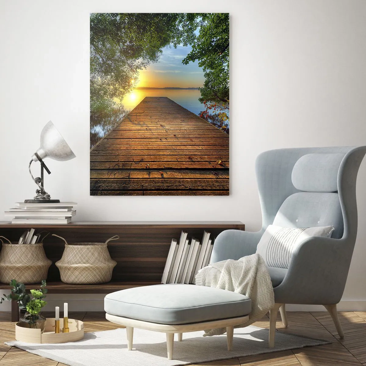 Cuadro sobre vidrio - Impresiones sobre Vidrio - Muelle de madera sobre el lago al atardecer - 50x70cm - Tómate tu tiempo, siéntate - Decoración de pared moderna para salón y dormitorio ARTTOR