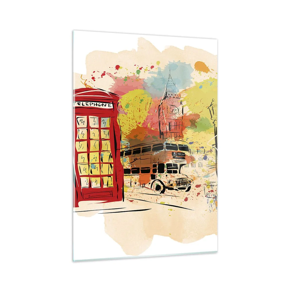 Cuadro sobre vidrio - Impresiones sobre Vidrio - Una cabina telefónica roja, un autobús de dos pisos y el Big Ben - 50x70cm - Una ciudad de la diversidad - Decoración de pared moderna para salón y dormitorio ARTTOR