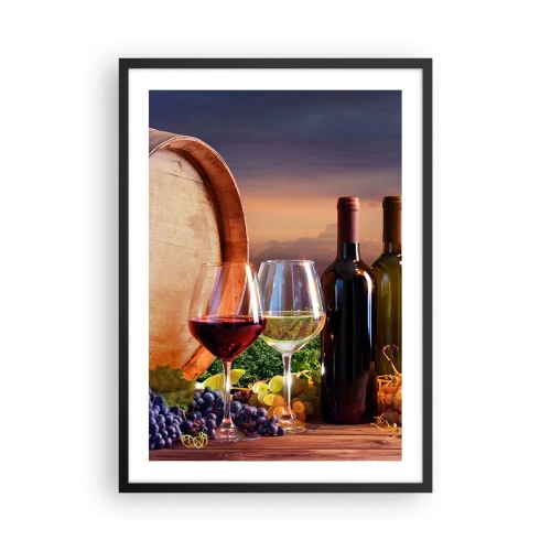 Póster en marco negro - Botellas y copas de vino con el telón de fondo de un barril y la puesta de sol. - 50x70cm - Aquí la vida tiene un sabor - Decoración de pared moderna para salón y dormitorio ARTTOR