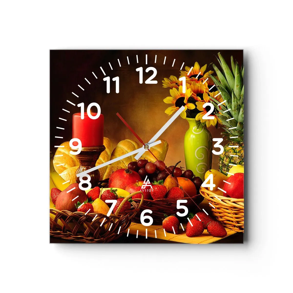 Reloj de pared - Reloj de vidrio - Bodegón con pan y fruta - 40x40 cm