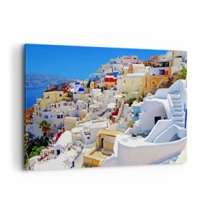 Cuadro sobre lienzo - Impresión de Imagen - Panorama de Santorini con casas blancas y cielo azul - 120x80cm - Sueño de un verano griego - Decoración de pared moderna para salón y dormitorio ARTTOR