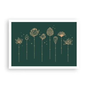 Póster - Dibujos dorados de hierbas sobre un fondo verde oscuro. - 100x70cm - La familia vegetal - Decoración de pared moderna para salón y dormitorio ARTTOR