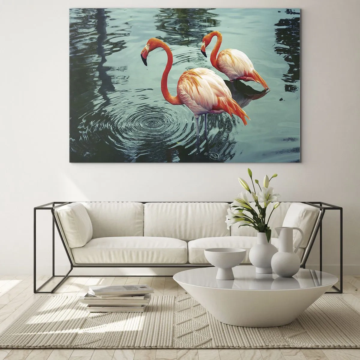 Cuadro sobre vidrio - Impresiones sobre Vidrio - Flamencos en el agua en una composición armoniosa. - 120x80cm - Estamos de moda - Decoración de pared moderna para salón y dormitorio ARTTOR