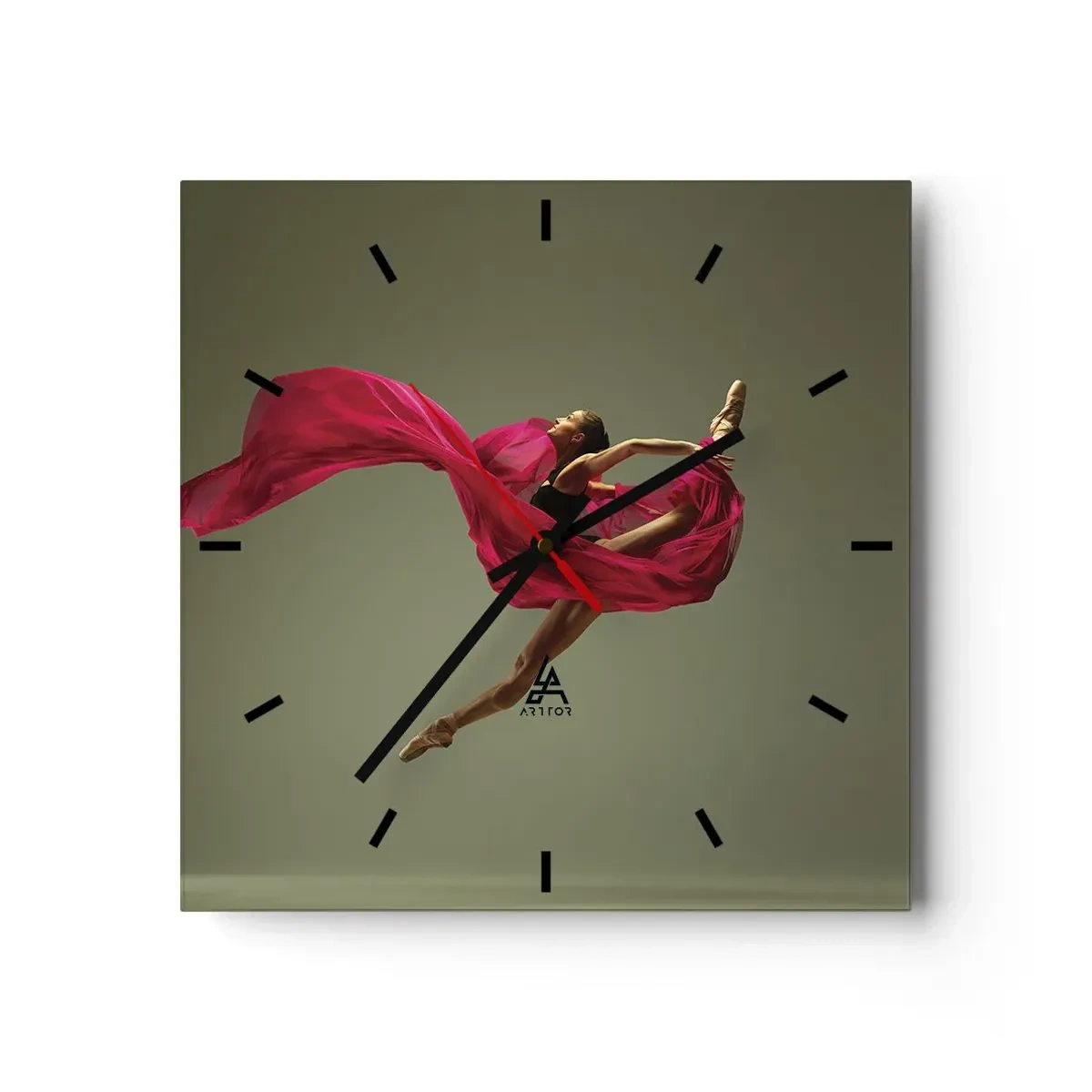 Reloj de pared - Reloj de vidrio - Bailarina de ballet en pose dinámica con tela rosa. - 30x30cm - Llama danzante - Decoración de pared moderna para salón y dormitorio ARTTOR