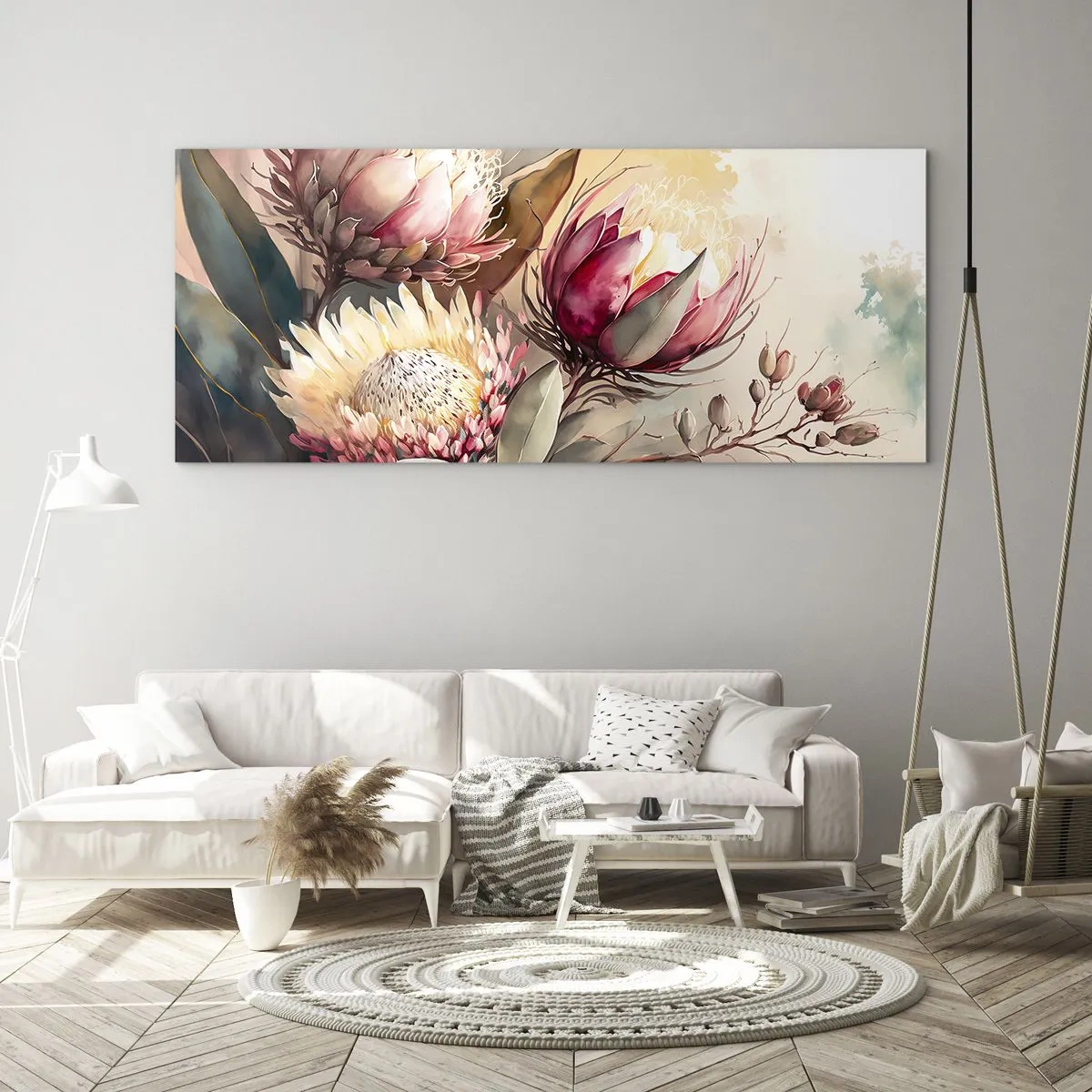 Cuadro sobre vidrio - Impresiones sobre Vidrio - Flores de protea en delicados tonos pastel. - 120x50cm - De perfil y de frente - Decoración de pared moderna para salón y dormitorio ARTTOR