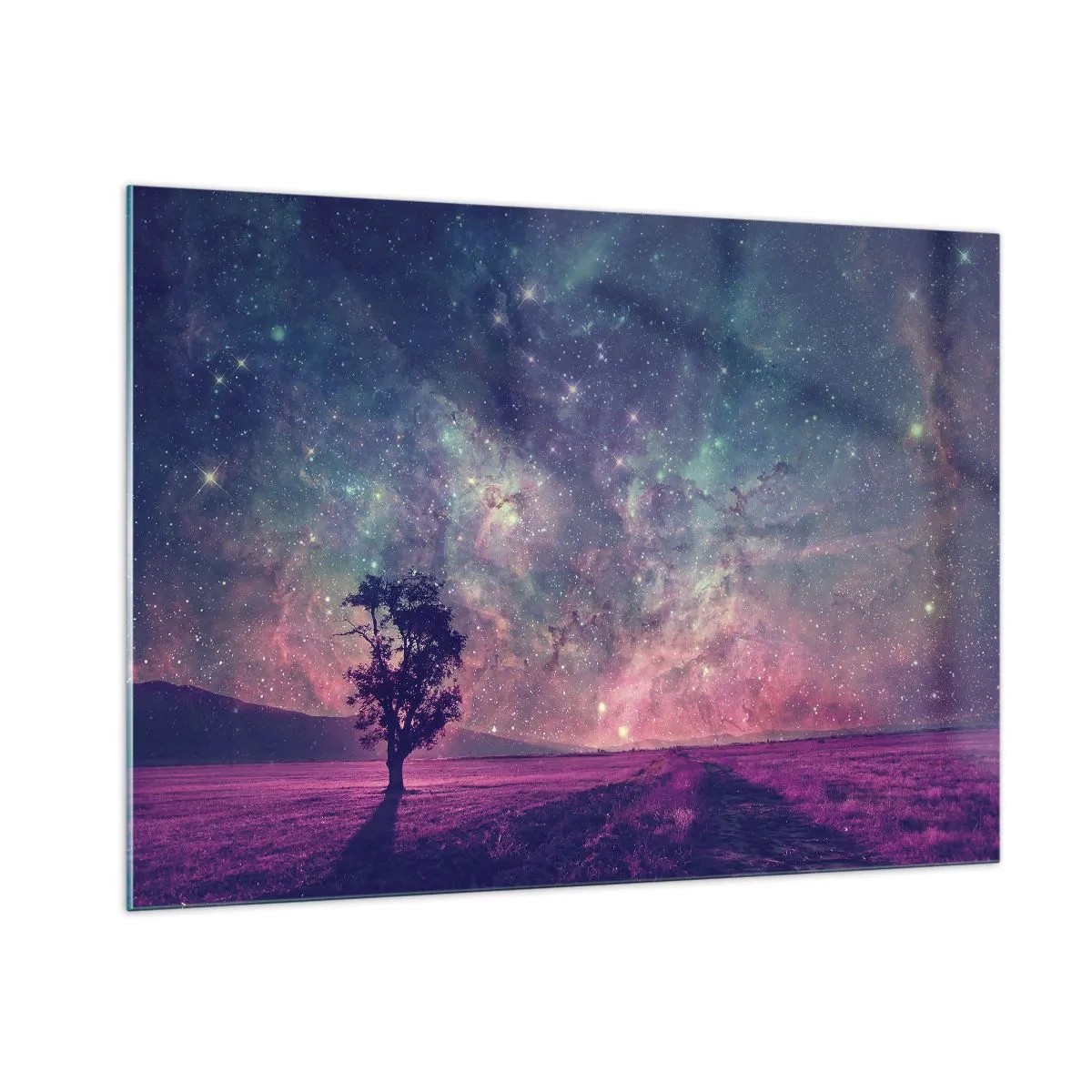 Cuadro sobre vidrio - Impresiones sobre Vidrio - Un árbol con el cielo estrellado y una galaxia como telón de fondo. - 100x70cm - Bajo un cielo mágico - Decoración de pared moderna para salón y dormitorio ARTTOR