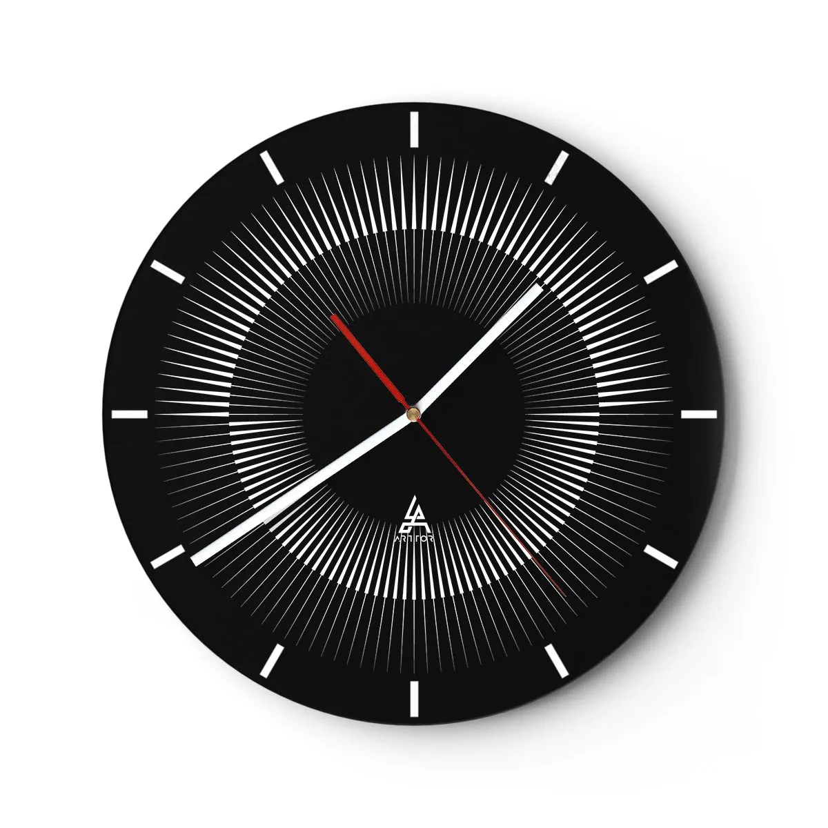 Reloj de pared - Reloj de vidrio - Fondo negro con un patrón radiante en forma de disco solar. - 30x30cm - Sol negro - Decoración de pared moderna para salón, cocina y dormitorio ARTTOR