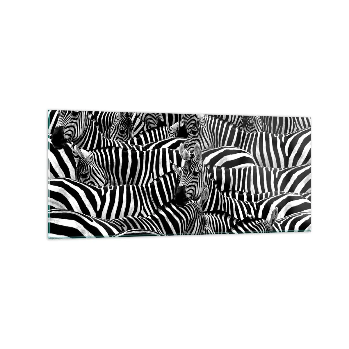Cuadro sobre vidrio - Impresiones sobre Vidrio - Un grupo de cebras con rayas blancas y negras que crean un patrón de simetría. - 120x50cm - Retrato a rayas - Decoración de pared moderna para salón y dormitorio ARTTOR