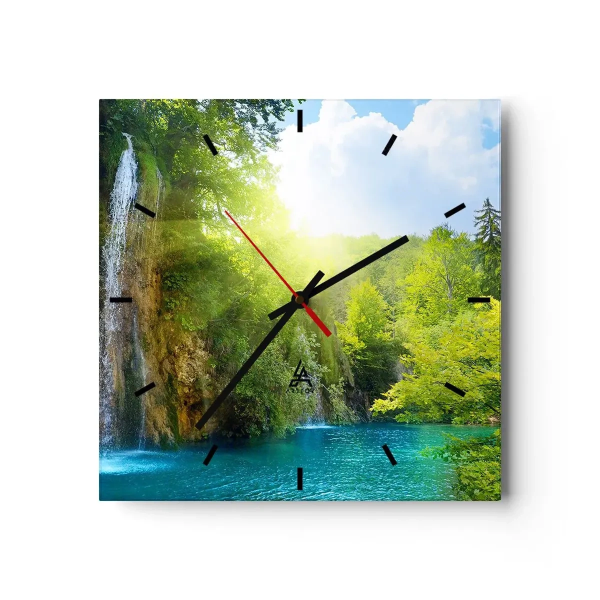 Reloj de pared - Reloj de vidrio - Una cascada que desemboca en un lago turquesa rodeado de vegetación. - 30x30cm - Debe ser el Edén - Decoración de pared moderna para salón y dormitorio ARTTOR