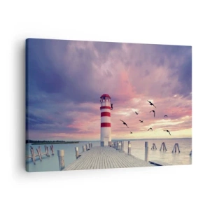 Cuadro sobre lienzo - Impresión de Imagen - Un faro en el muelle rodeado de una pintoresca puesta de sol. - 70x50cm - Hora de ir al puerto - Decoración de pared moderna para salón y dormitorio ARTTOR