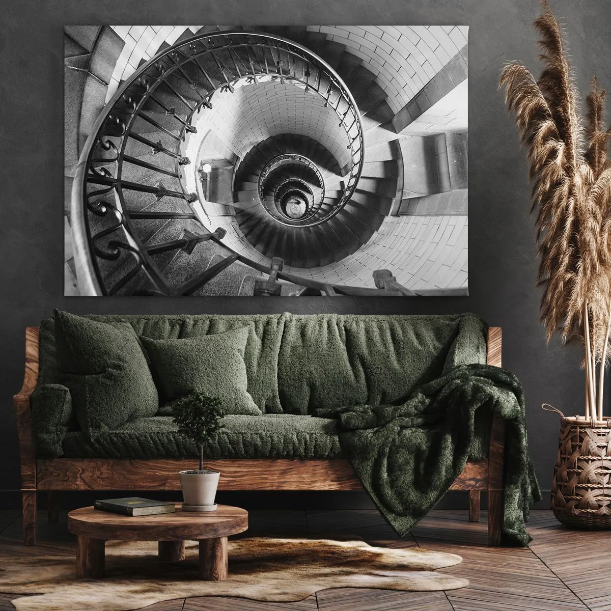 Cuadro sobre lienzo - Impresión de Imagen - Fotografía en blanco y negro de una escalera de caracol con perspectiva de arriba hacia abajo. - 120x80cm - Cada vez más alto - Decoración de pared moderna para salón y dormitorio ARTTOR