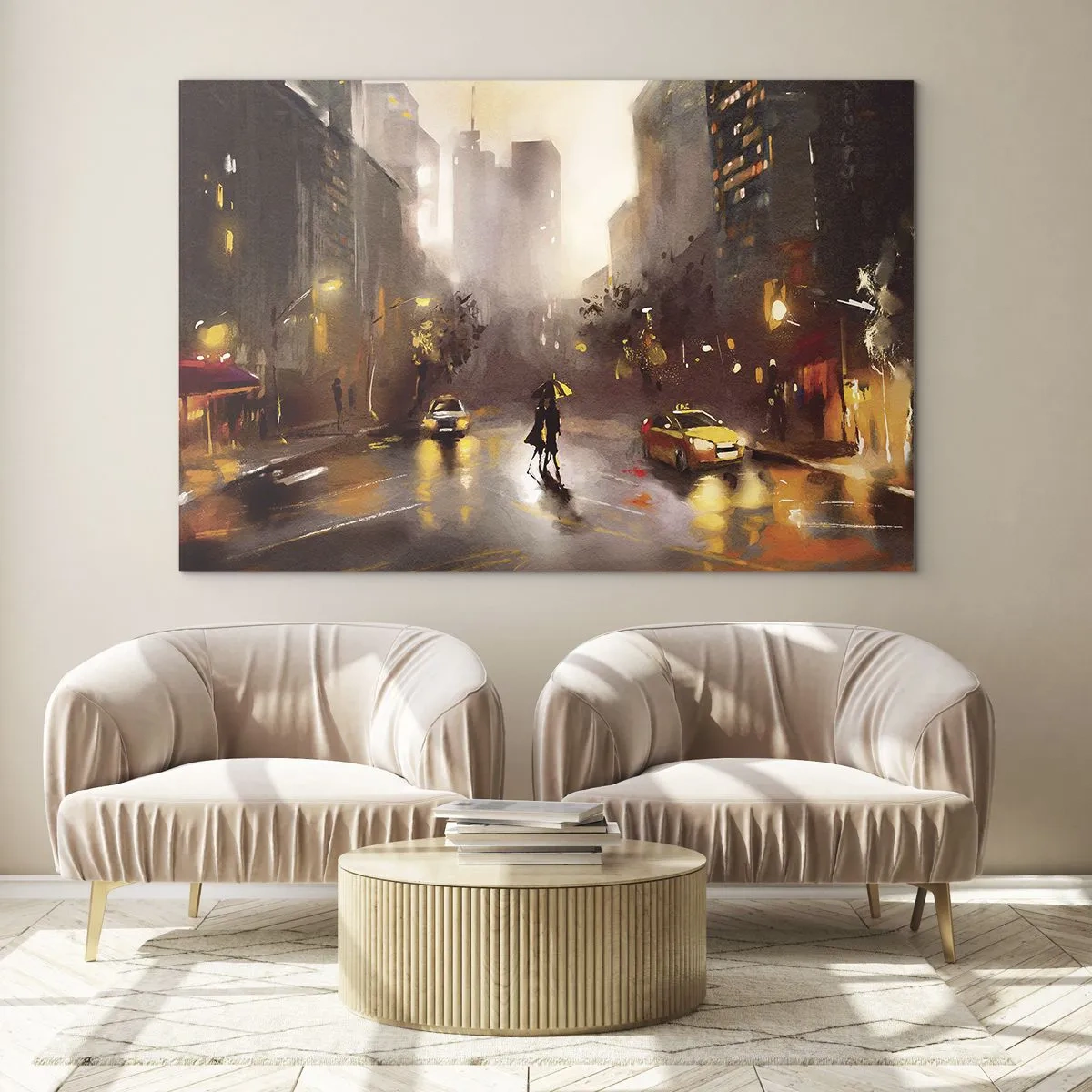 Cuadro sobre vidrio - Impresiones sobre Vidrio - Ciudad de noche bajo la lluvia con taxis y la silueta de una pareja - 70x50cm - En las luces de Nueva York - Decoración de pared moderna para salón y dormitorio ARTTOR