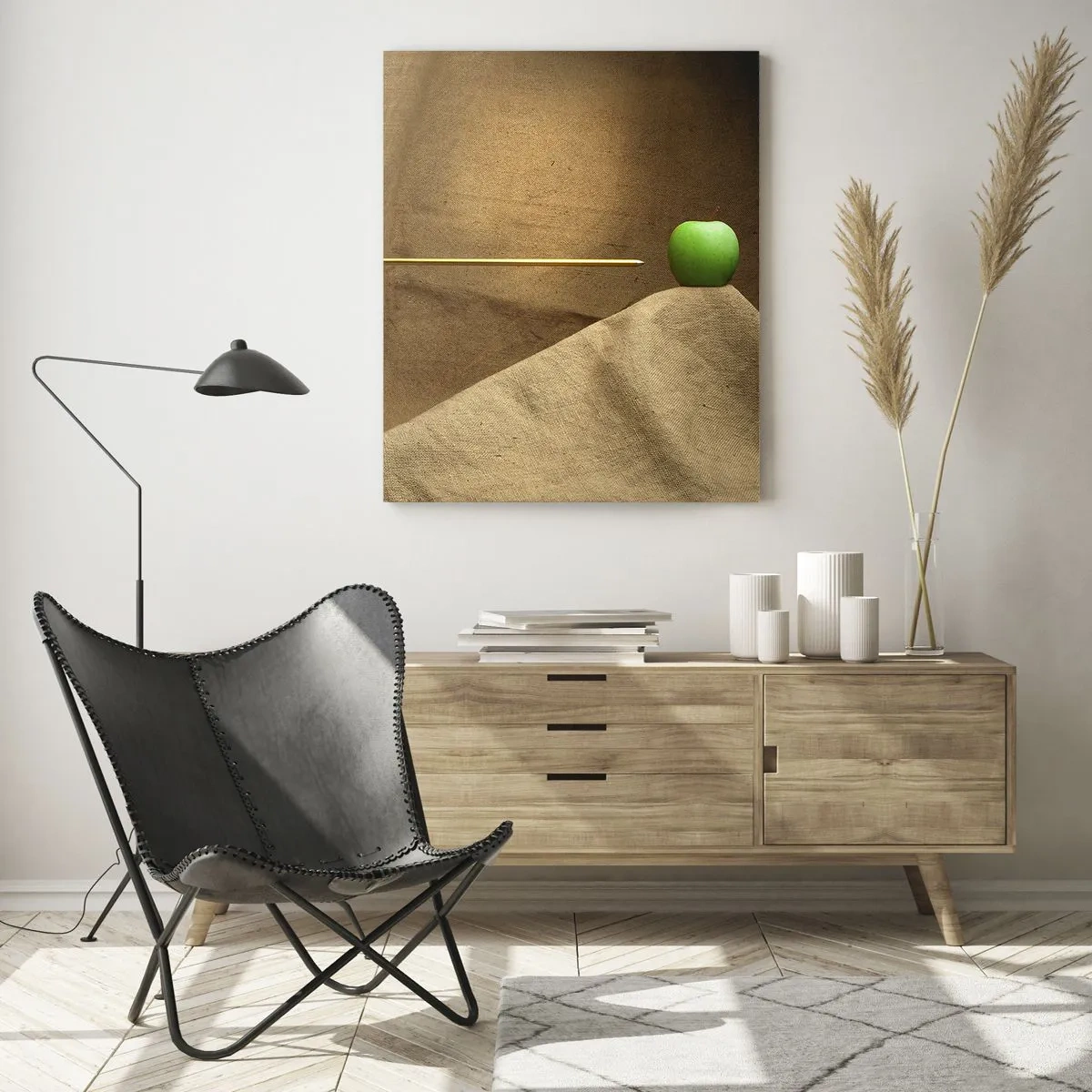 Cuadro sobre vidrio - Impresiones sobre Vidrio - Una manzana verde sobre un fondo beige con una flecha que la atraviesa. - 50x70cm - Evocar el espíritu de Wilhelm Tell - Decoración de pared moderna para salón y dormitorio ARTTOR