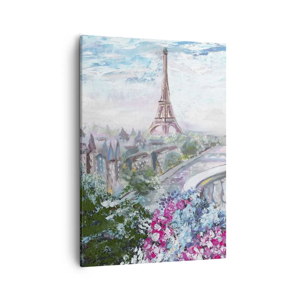 Cuadro sobre lienzo - Impresión de Imagen - Una vista romántica de París con la Torre Eiffel y un balcón lleno de flores. - 50x70cm - Mayo mágico en París - Decoración de pared moderna para salón y dormitorio ARTTOR