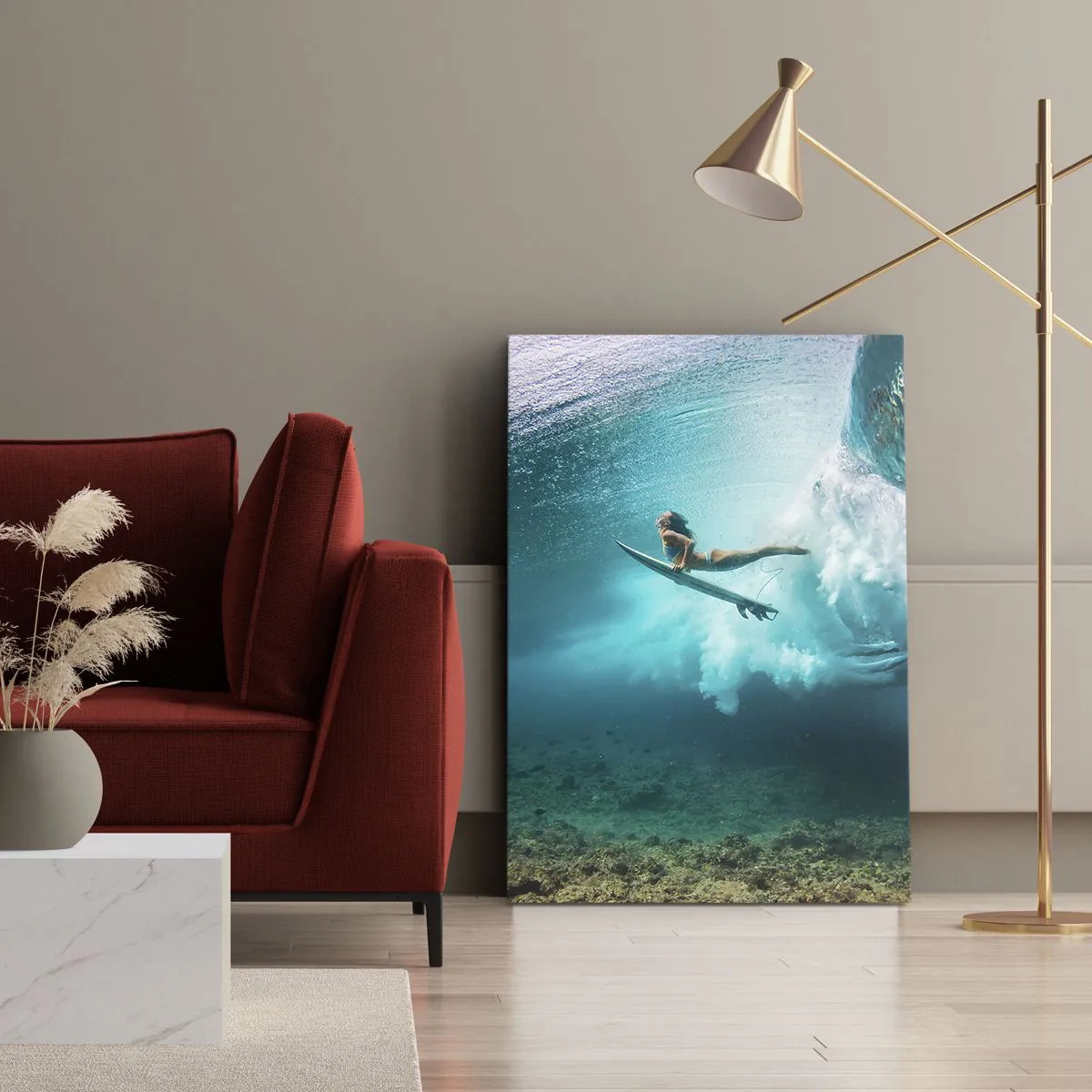 Cuadro sobre lienzo - Impresión de Imagen - Surfista bajo una ola en el agua azul del océano - 50x70cm - Mundo submarino - Decoración de pared moderna para salón y dormitorio ARTTOR