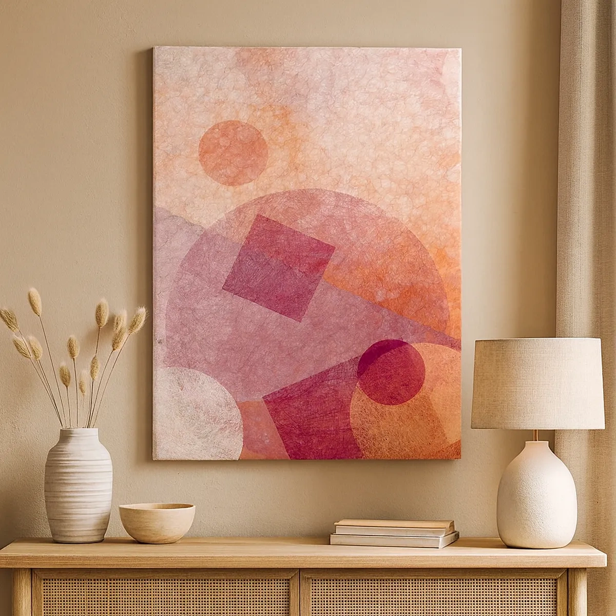 Cuadro sobre lienzo - Impresión de Imagen - Formas geométricas abstractas en tonos pastel de rosa. - 50x70cm - Transformaciones geométricas en rosa - Decoración de pared moderna para salón y dormitorio ARTTOR