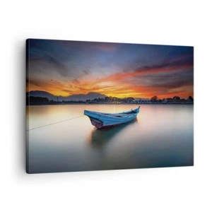Cuadro sobre lienzo - Impresión de Imagen - Un barco en el agua durante una pintoresca puesta de sol. - 70x50cm - Se avecina una buena noche - Decoración de pared moderna para salón y dormitorio ARTTOR