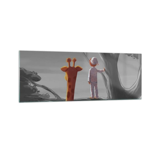Cuadro sobre vidrio - Impresiones sobre Vidrio - Un niño y una jirafa en la rama de un árbol en un paisaje de cuento de hadas. - 140x50cm - ¿Está sucediendo de verdad? - Decoración de pared moderna para salón y dormitorio ARTTOR