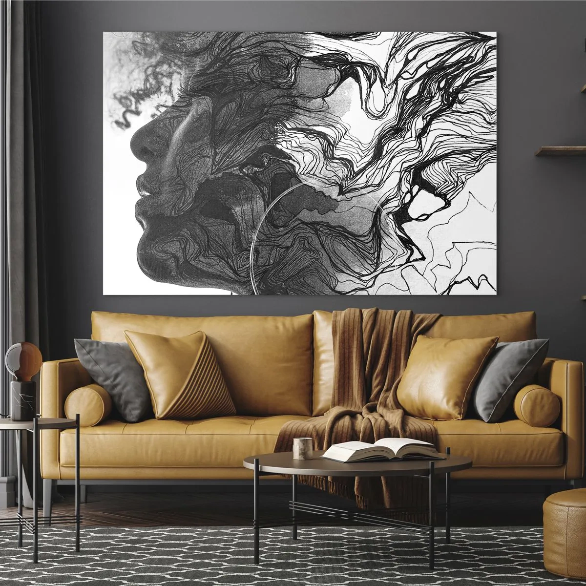 Cuadro sobre vidrio - Impresiones sobre Vidrio - Silueta en blanco y negro de una mujer con líneas abstractas. - 120x80cm - Enredada en sueños - Decoración de pared moderna para salón y dormitorio ARTTOR