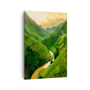 Cuadro sobre lienzo - Impresión de Imagen - Pintorescas terrazas de arroz en un valle verde iluminado por el sol poniente - 70x100cm - Valle vietnamita - Decoración de pared moderna para salón y dormitorio ARTTOR