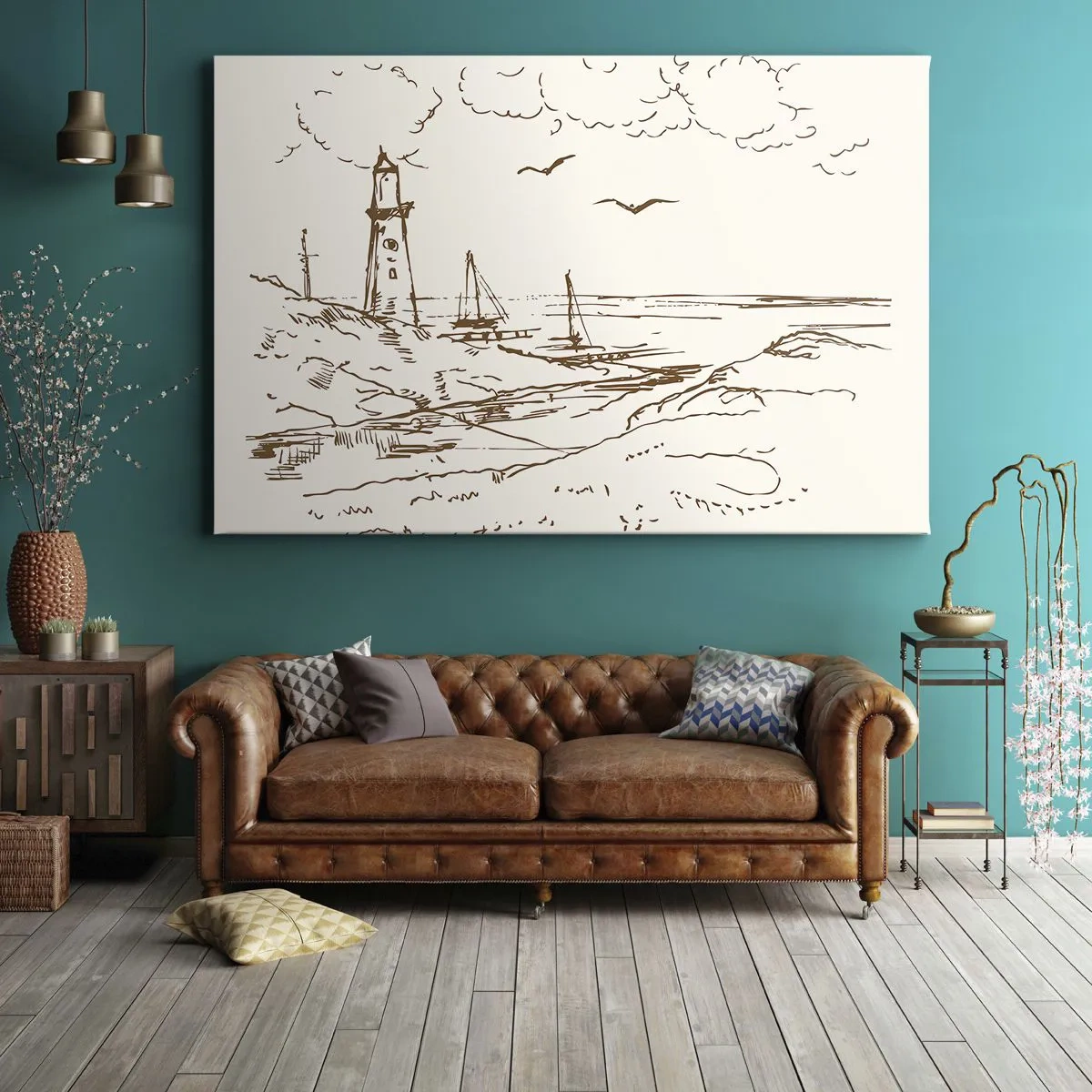 Cuadro sobre lienzo - Impresión de Imagen - Boceto de un faro con vistas al mar - 70x50cm - Un esbozo de un recuerdo de verano - Decoración de pared moderna para salón y dormitorio ARTTOR