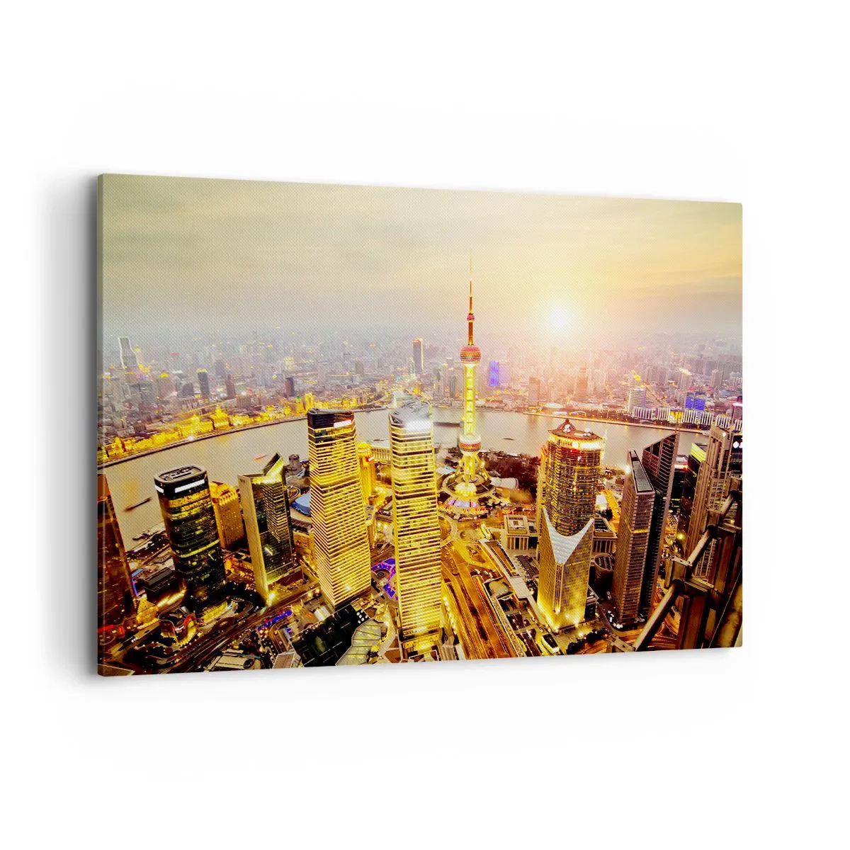 Cuadro sobre lienzo - Impresión de Imagen - Panorama de la ciudad con rascacielos al atardecer - 120x80cm - Sueño asiático - Decoración de pared moderna para salón y dormitorio ARTTOR
