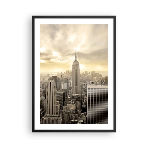 Póster en marco negro - Panorama de la ciudad de Nueva York con el Empire State Building - 50x70cm - Tejido neoyorquino en tonos grises - Decoración de pared moderna para salón y dormitorio ARTTOR